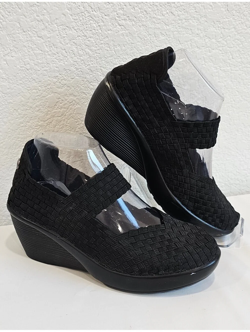 Bernie Mev Women's Black Woven Mary Jane Wedge Shoes Size 37, US 6-6.5